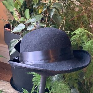 GEORGETTE  | Vintage Black Bowler Style Hat with Black Ribbon Bow Trim.